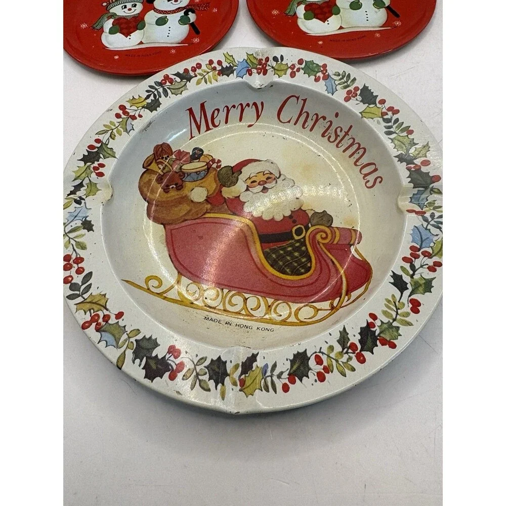 Vintage Set Of 2 Coasters And Ashtray Christmas Made In Hong Kong Snowmen Santa
